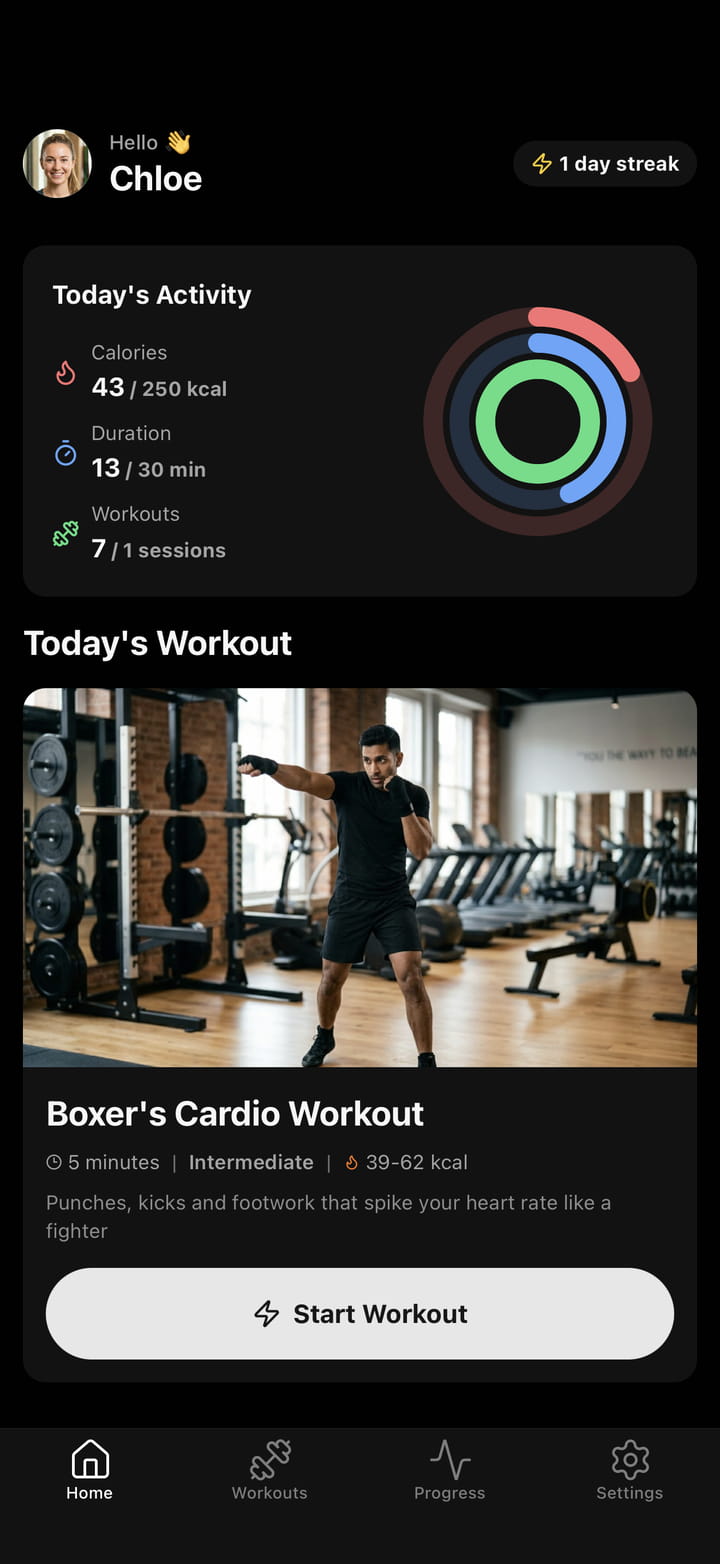Zorphin home screen showing today's activity rings, streak and the day's recommended workout