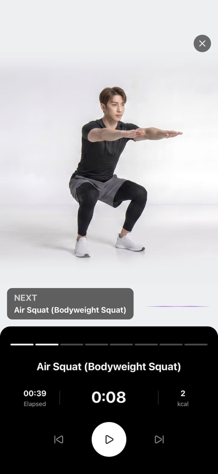 Zorphin playing a follow-along Air Squat workout with a live timer and calorie counter